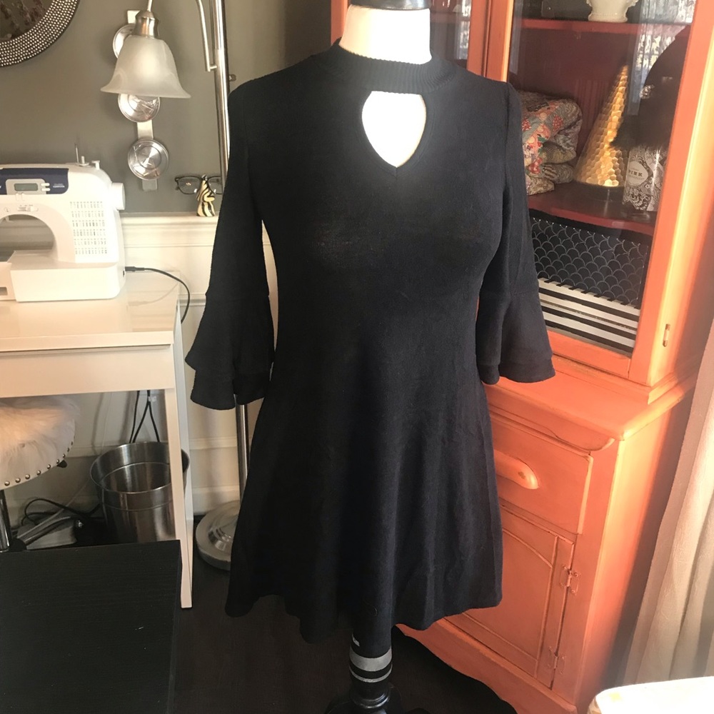 Black stretch knit dress ruffle 3/4 sleeve size s
